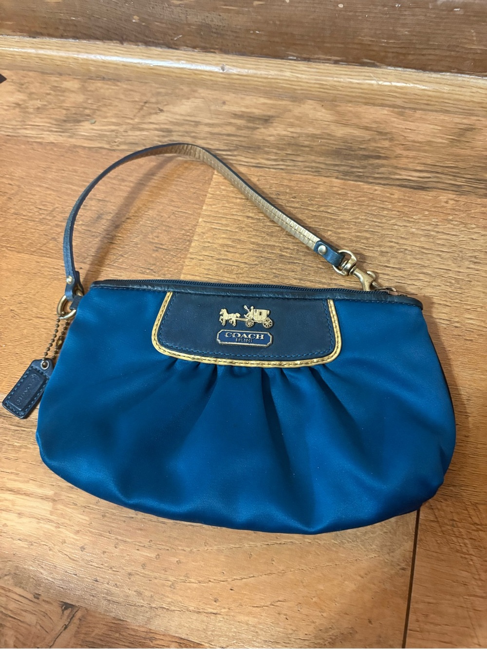 Coach Blue & Gold Satin & Leather Amanda Clutch Wristlet Handbag Purse #42032